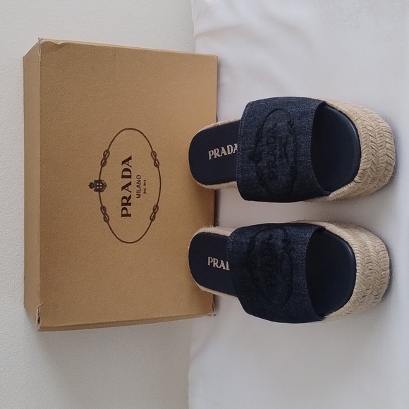 Prada Denim Embroidered Platform Espadrilles Sz 39 / US 8.5-9 - Picture 1 of 12